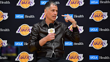 Los Angeles Lakers vice president of basketball operations and general manager Rob Pelinka introduced guard Luka Doncic at UCLA Health Training Center.