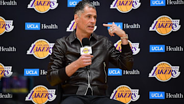 Los Angeles Lakers vice president of basketball operations and general manager Rob Pelinka introduced guard Luka Doncic at UCLA Health Training Center.
