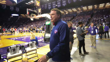 Kansas coach Bill Self enters Bramlage Coliseum before the start of Tuesday's Sunflower Showdown