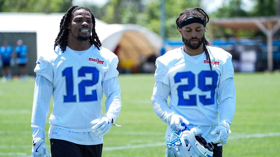 Detroit Lions safety Thomas Harper (12), left, and cornerback Avonte Maddox (29 during OTAs at Meijer Performance Center in Allen Park on Friday, May 29, 2026. Detroit Lions safety Thomas Harper (12), left, and cornerback Avonte Maddox (29 during OTAs at Meijer Performance Center in Allen Park on Friday, May 29, 2026.