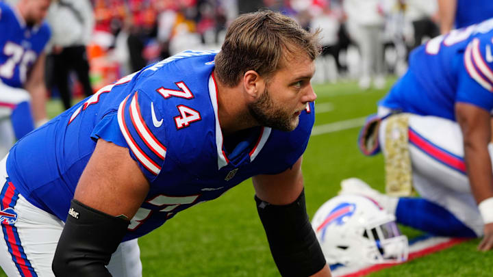 Nov 17, 2024; Orchard Park, New York, USA; Buffalo Bills offensive tackle Ryan Van Demark (74) warms up prior to the game against the Kansas City Chiefs at Highmark Stadium. Nov 17, 2024; Orchard Park, New York, USA; Buffalo Bills offensive tackle Ryan Van Demark (74) warms up prior to the game against the Kansas City Chiefs at Highmark Stadium.