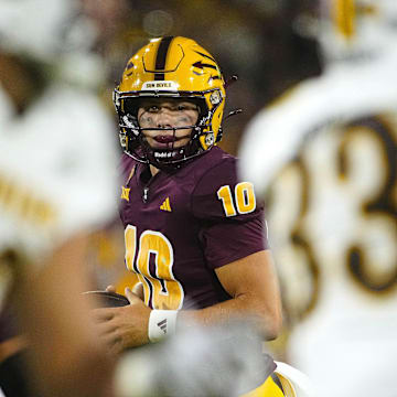 ASU quarterback Sam Leavitt looks for a receiver during a game against Wyoming at Mountain America Stadium on Aug. 31, 2024, in Tempe.