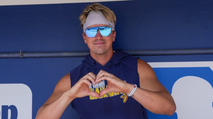 Jackson Olson, a Savannah Banana infielder and social media influencer, poses for the camera.