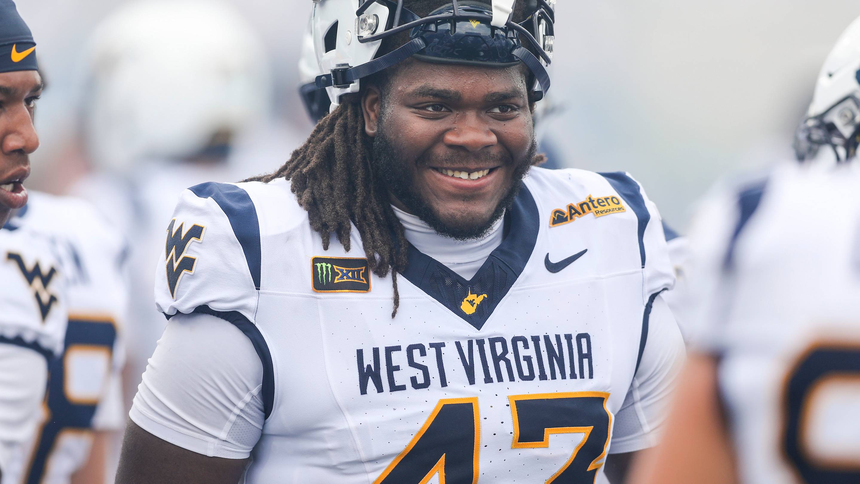 Sep 5, 2026; Morgantown, West Virginia, USA; West Virginia Mountaineers defensive lineman K.J. Henson (43) along the sideline during the fourth quarter against the Coastal Carolina Chanticleers at Milan Puskar Stadium. Mandatory Credit: Ben Queen-Imagn Images | IMAGN IMAGES via Reuters Connect