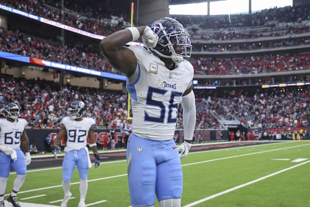 Tennessee Titans linebacker Kenneth Murray Jr. reacts after a play during the fourth quarter against the Houston Texans.