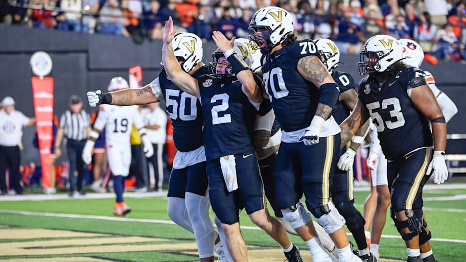 Vanderbilt quarterback Diego Pavia celebrates a touchdown 