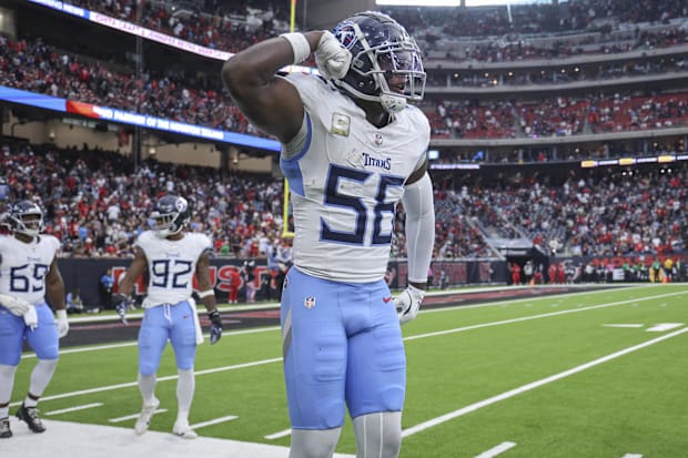 Tennessee Titans linebacker Kenneth Murray Jr. reacts after a play during the fourth quarter against the Houston Texans.