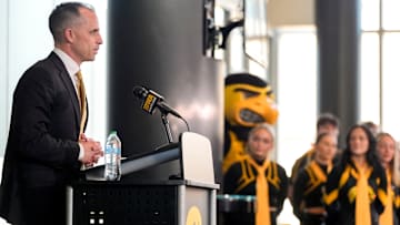 Ben McCollum, Iowa's new head men's basketball coach, speaks during his introductory press conference Tuesday, March 25, 2025 at Carver-Hawkeye Arena in Iowa City, Iowa.