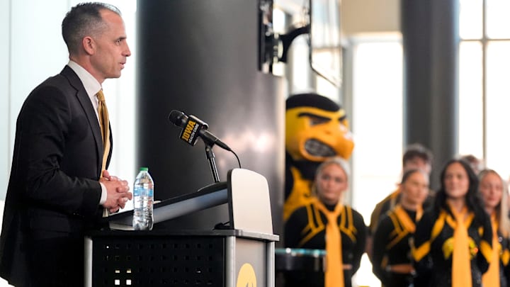 Ben McCollum, Iowa's new head men's basketball coach, speaks during his introductory press conference Tuesday, March 25, 2025 at Carver-Hawkeye Arena in Iowa City, Iowa.