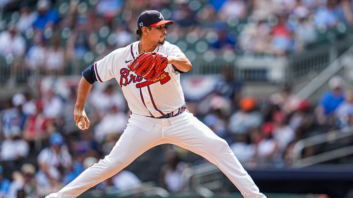 Jul 5, 2026; Cumberland, Georgia, USA; Atlanta Braves pitcher Carlos Carrasco (59) pitches against the New York Mets during the eighth inning at Truist Park. Mandatory Credit: Dale Zanine-Imagn Images