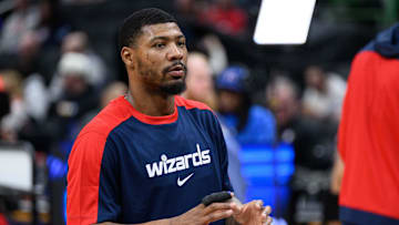 Mar 5, 2025; Washington, District of Columbia, USA; Washington Wizards guard Marcus Smart (36) warms up prior to the game between the Washington Wizards and the Utah Jazz at Capital One Arena. Mandatory Credit: Reggie Hildred-Imagn Images