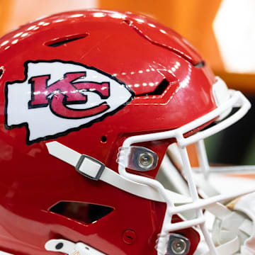 Feb 9, 2025; New Orleans, LA, USA;  Detailed view of a Kansas City Chiefs helmet in Super Bowl LIX at Ceasars Superdome. Mandatory Credit: Mark J. Rebilas-Imagn Images