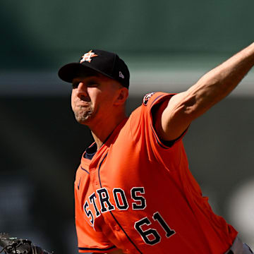 Aug 2, 2025; Boston, Massachusetts, USA; Houston Astros starting pitcher Colton Gordon (61) pitches against the Boston Red Sox during the first inning at Fenway Park.