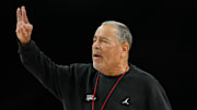 Houston Cougars head coach Kelvin Sampson during a practice session for the Final Four.