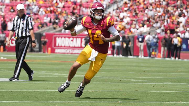 Aug 29, 2026; Los Angeles, California, USA; Southern California Trojans quarterback Jayden Maiava (14) throws the ball against the San Jose State Spartans at United Airlines Field at Los Angeles Memorial Coliseum. Mandatory Credit: Kirby Lee-Imagn Images