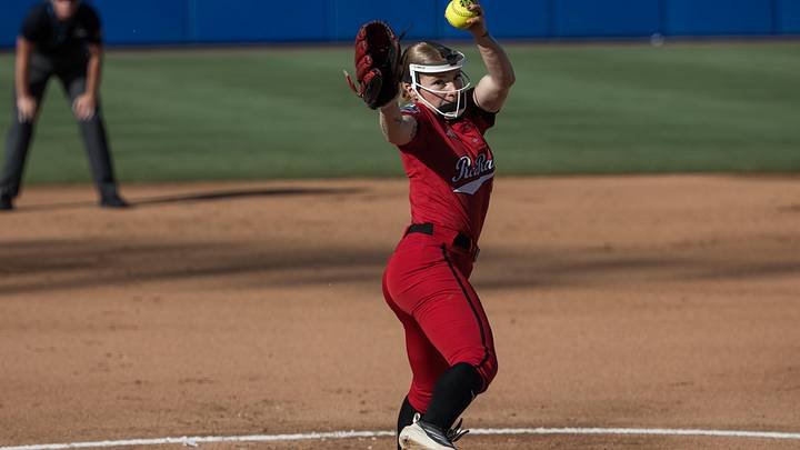 Jun 1, 2026; Oklahoma City, OK, USA;  Texas Tech Red Raiders pitcher Kaitlyn Terry (55) throws a pitch in the first inning against the Alabama Crimson Tide during the NCAA Women’s College World Series at Devon Park. Mandatory Credit: Brett Rojo-Imagn Images