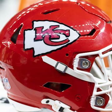 Feb 9, 2025; New Orleans, LA, USA;  Detailed view of a Kansas City Chiefs helmet in Super Bowl LIX at Ceasars Superdome. Mandatory Credit: Mark J. Rebilas-Imagn Images
