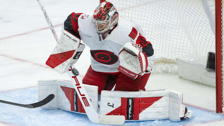 Apr 23, 2026; Ottawa, Ontario, CAN; Carolina Hurricanes goalie Frederik Andersen (31) makes a save in the third period against the Ottawa Senators in game three of the first round of the 2026 Stanley Cup Playoffs at the Canadian Tire Centre. Mandatory Credit: Marc DesRosiers-Imagn