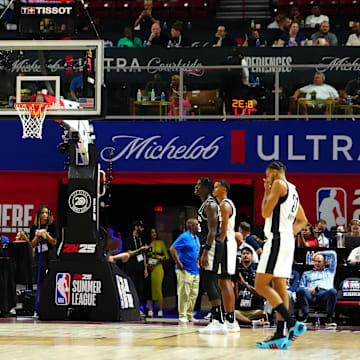 Jul 13, 2024; Las Vegas, NV, USA; San Antonio Spurs guard Stephon Castle (5) makes a free throw attempt against the Portland Trail Blazers during the third quarter at Thomas & Mack Center.