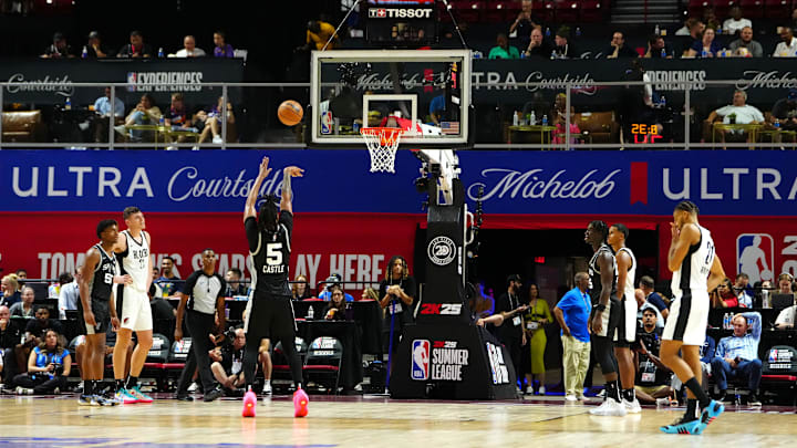 Jul 13, 2024; Las Vegas, NV, USA; San Antonio Spurs guard Stephon Castle (5) makes a free throw attempt against the Portland Trail Blazers during the third quarter at Thomas & Mack Center.