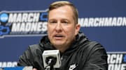 Mar 20, 2025; Milwaukee, WI, USA;  Iowa State Cyclones head coach T.J. Otzelberger speaks during an NCAA Tournament First Round Practice press conference at Fiserv Forum. Mandatory Credit: Jeff Hanisch-Imagn Images