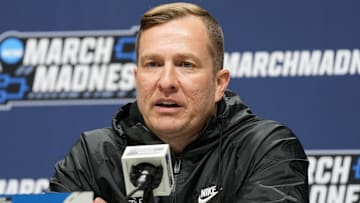 Mar 20, 2025; Milwaukee, WI, USA;  Iowa State Cyclones head coach T.J. Otzelberger speaks during an NCAA Tournament First Round Practice press conference at Fiserv Forum. Mandatory Credit: Jeff Hanisch-Imagn Images
