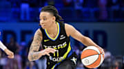 Jun 28, 2025; Arlington, Texas, USA; Dallas Wings guard JJ Quinerly (11) brings the ball up court against the Washington Mystics during the second half at College Park Center. Mandatory Credit: Jerome Miron-Imagn Images
