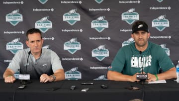 Jul 28, 2021; Philadelphia, PA, USA; Philadelphia Eagles general manager Howie Roseman (L) and head coach Nick Sirianni (R) speak with the media at training camp at NovaCare Complex. Mandatory Credit: Bill Streicher-USA TODAY Sports