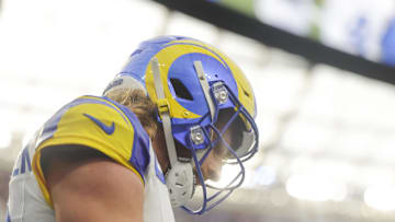 Dec 3, 2023; Inglewood, California, USA; Los Angeles Rams wide receiver Ben Skowronek (18) walks after a play in the first half in a game against the Cleveland Browns at SoFi Stadium. Mandatory Credit: Yannick Peterhans-Imagn Images