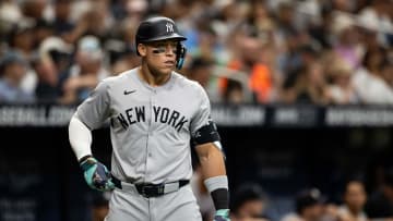 May 11, 2024; St. Petersburg, Florida, USA; New York Yankees outfielder Aaron Judge (99) waits in the batters box against the Tampa Bay Rays during the eighth inning at Tropicana Field. Mandatory Credit: Matt Pendleton-USA TODAY Sports