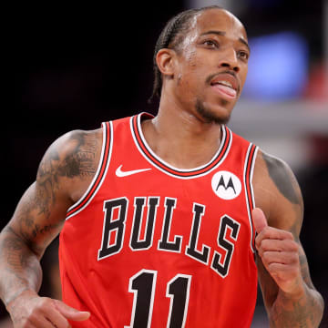Jan 3, 2024; New York, New York, USA; Chicago Bulls forward DeMar DeRozan (11) reacts after a three point shot against the New York Knicks during the second quarter at Madison Square Garden. Mandatory Credit: Brad Penner-USA TODAY Sports