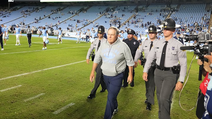 Sep 1, 2025; Chapel Hill, North Carolina, USA; North Carolina Tar Heels head coach Bill Belichick walks to center field after the game at Kenan Stadium. Mandatory Credit: Bob Donnan-Imagn Images