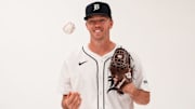 Detroit Tigers pitcher Chase Lee poses for a photo during picture day of spring training at TigerTown in Lakeland, Fla. on Wednesday, Feb. 19, 2025.