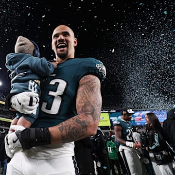 Philadelphia Eagles linebacker Zack Baun (53) celebrates after a victory in the NFC Championship game against the Washington Commanders at Lincoln Financial Field.