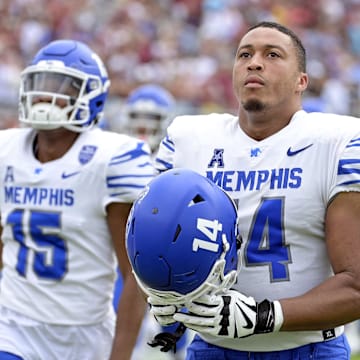 Sep 14, 2024; Tallahassee, Florida, USA; Memphis Tigers defensive lineman Reggie Grimes II (14) before a game against the Florida State Seminoles at Doak S. Campbell Stadium. Mandatory Credit: Melina Myers-Imagn Images