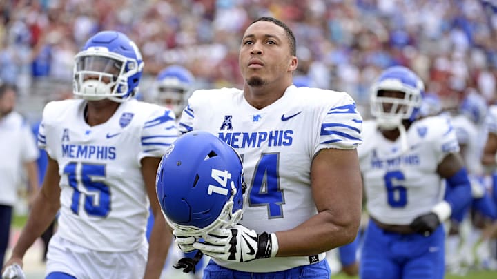 Sep 14, 2024; Tallahassee, Florida, USA; Memphis Tigers defensive lineman Reggie Grimes II (14) before a game against the Florida State Seminoles at Doak S. Campbell Stadium. Mandatory Credit: Melina Myers-Imagn Images