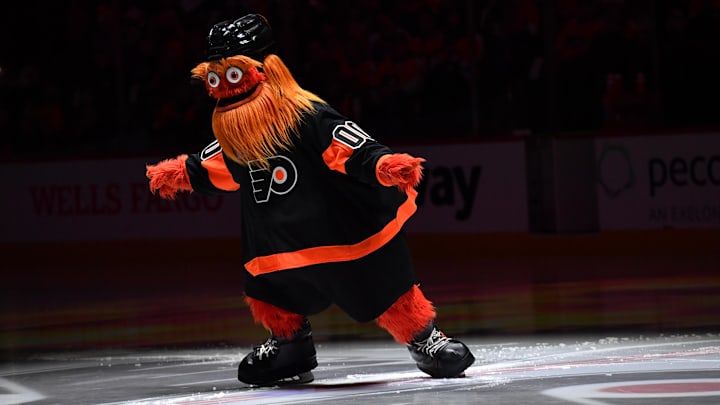 Jan 21, 2024; Philadelphia, Pennsylvania, USA; Philadelphia Flyers mascot Gritty performs against the Ottawa Senators at Wells Fargo Center.
