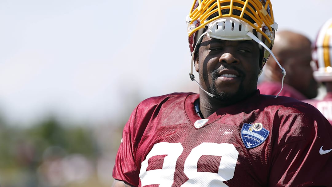 Aug 1, 2015; Richmond, VA, USA; Washington Redskins defensive tackle Terrance Knighton (98) stands on the field during afternoon practice as part of day three of training camp at Bon Secours Washington Redskins Training Center. Mandatory Credit: Geoff Burke-Imagn Images