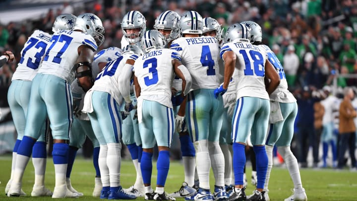 Nov 5, 2023; Philadelphia, Pennsylvania, USA; Dallas Cowboys quarterback Dak Prescott (4) leads his team in the huddle against the Philadelphia Eagles at Lincoln Financial Field. Mandatory Credit: Eric Hartline-USA TODAY Sports