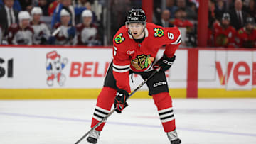 Apr 2, 2025; Chicago, Illinois, USA; Chicago Blackhawks defenseman Sam Rinzel (6) waits for a faceoff during the third period against the Colorado Avalanche at United Center. Mandatory Credit: Talia Sprague-Imagn Images