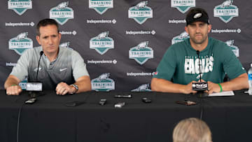 Jul 28, 2021; Philadelphia, PA, USA; Philadelphia Eagles general manager Howie Roseman (L) and head coach Nick Sirianni (R) speak with the media at training camp at NovaCare Complex. Mandatory Credit: Bill Streicher-Imagn Images