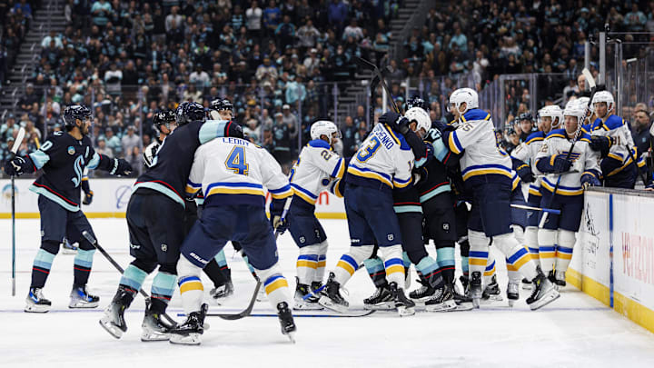 St. Louis Blues players scuffle during the second period at Climate Pledge Arena. Mandatory Credit: Caean Couto-Imagn Images