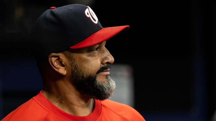 Jun 29, 2024; St. Petersburg, Florida, USA; Washington Nationals manager Dave Martinez (4) looks on against the Tampa Bay Rays during the first inning at Tropicana Field