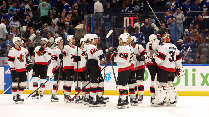 Apr 11, 2024; Tampa, Florida, USA; Ottawa Senators goaltender Anton Forsberg (31) and teammates celebrate  after they beat the Tampa Bay Lightning during a shoot out at Amalie Arena. Mandatory Credit: Kim Klement Neitzel-USA TODAY Sports