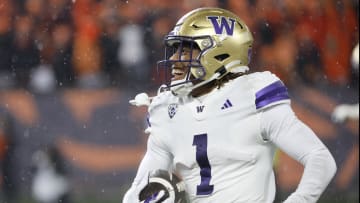 Nov 18, 2023; Corvallis, Oregon, USA; Washington Huskies  corner back Jabbar Muhammad (1) celebrates after a fumble recovery during the first half against the Oregon State Beavers at Reser Stadium. Mandatory Credit: Soobum Im-USA TODAY Sports