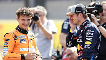 Oct 19, 2024; Austin, Texas, USA;  Sprint Race winner Max Verstappen of Red Bull Racing (right) and third place finisher Lando Norris of McLaren (left) laugh after the Sprint Race at the Formula One US Grand Prix at Circuit of the Americas. Mandatory Credit: Erich Schlegel-Imagn Images