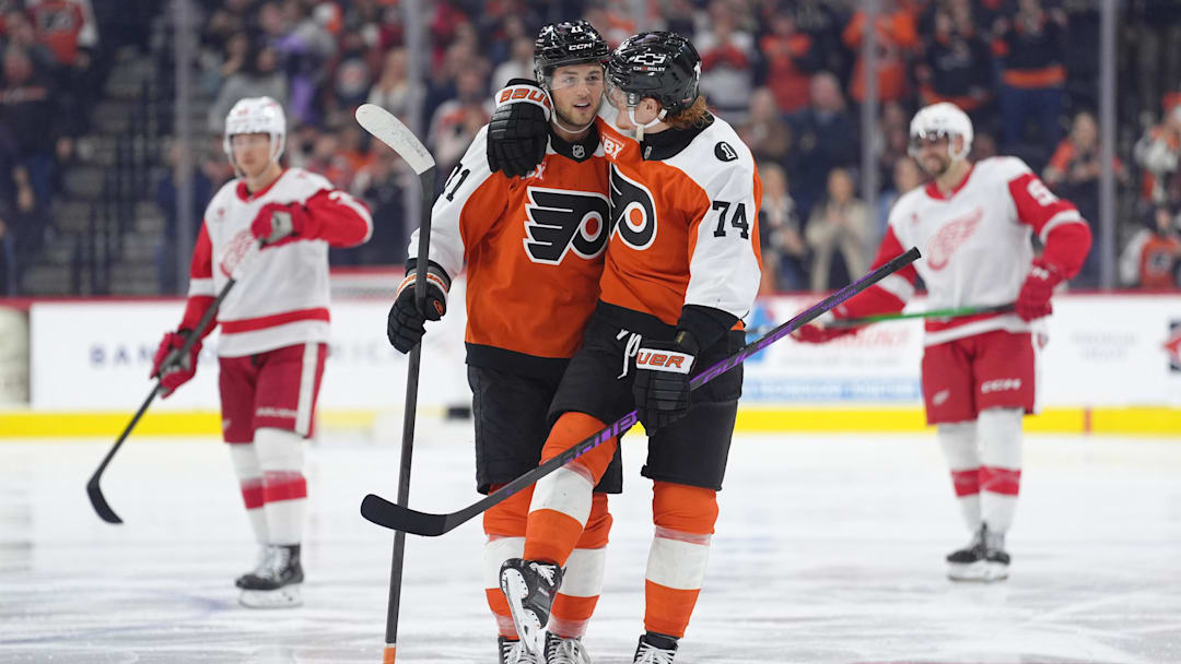Apr 2, 2026; Philadelphia, Pennsylvania, USA; Philadelphia Flyers right wing Tyson Foerster (71) reacts with right wing Owen Tippett (74) after scoring a goal against the Detroit Red Wings in the second period at Xfinity Mobile Arena. Apr 2, 2026; Philadelphia, Pennsylvania, USA; Philadelphia Flyers right wing Tyson Foerster (71) reacts with right wing Owen Tippett (74) after scoring a goal against the Detroit Red Wings in the second period at Xfinity Mobile Arena.