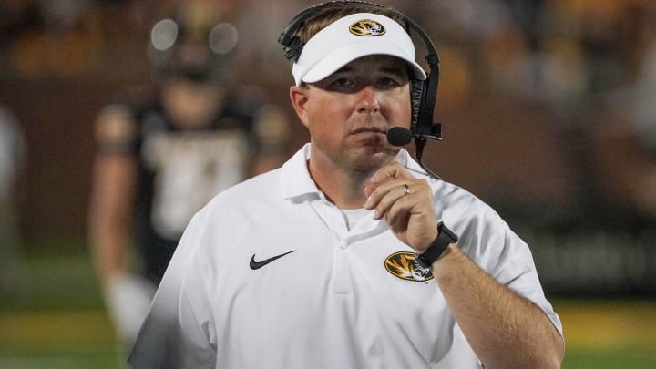 Aug 31, 2023; Columbia, Missouri, USA; Missouri Tigers head coach Eli Drinkwitz watches play against the South Dakota Coyotes during the game at Faurot Field at Memorial Stadium. Mandatory Credit: Denny Medley-USA TODAY Sports