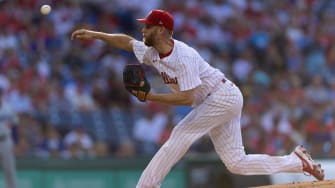 Jul 9, 2024; Philadelphia, Pennsylvania, USA; Philadelphia Phillies pitcher Zack Wheeler (45) throws a pitch against the Los Angeles Dodgers during the first inning at Citizens Bank Park