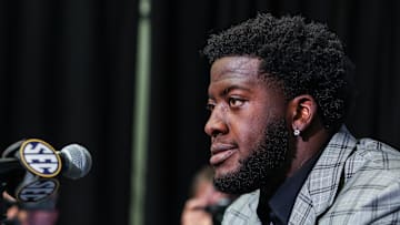 Texas A&M Aggies offensive lineman Ar’maj Reed-Adams answers questions from the media during the SEC Media Days at Omni Atlanta Hotel.